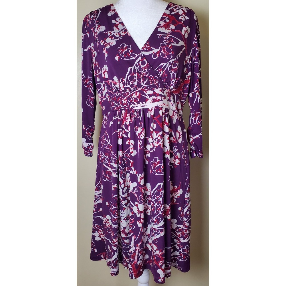 Vivienne Tam Medium Plum Purple Floral Knee Length Faux Wrap Stretch Dress Vneck